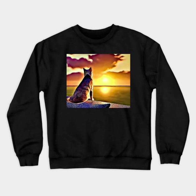 Cat Looking At Sunset - Cute Cat Lover Gift Crewneck Sweatshirt by BubbleMench